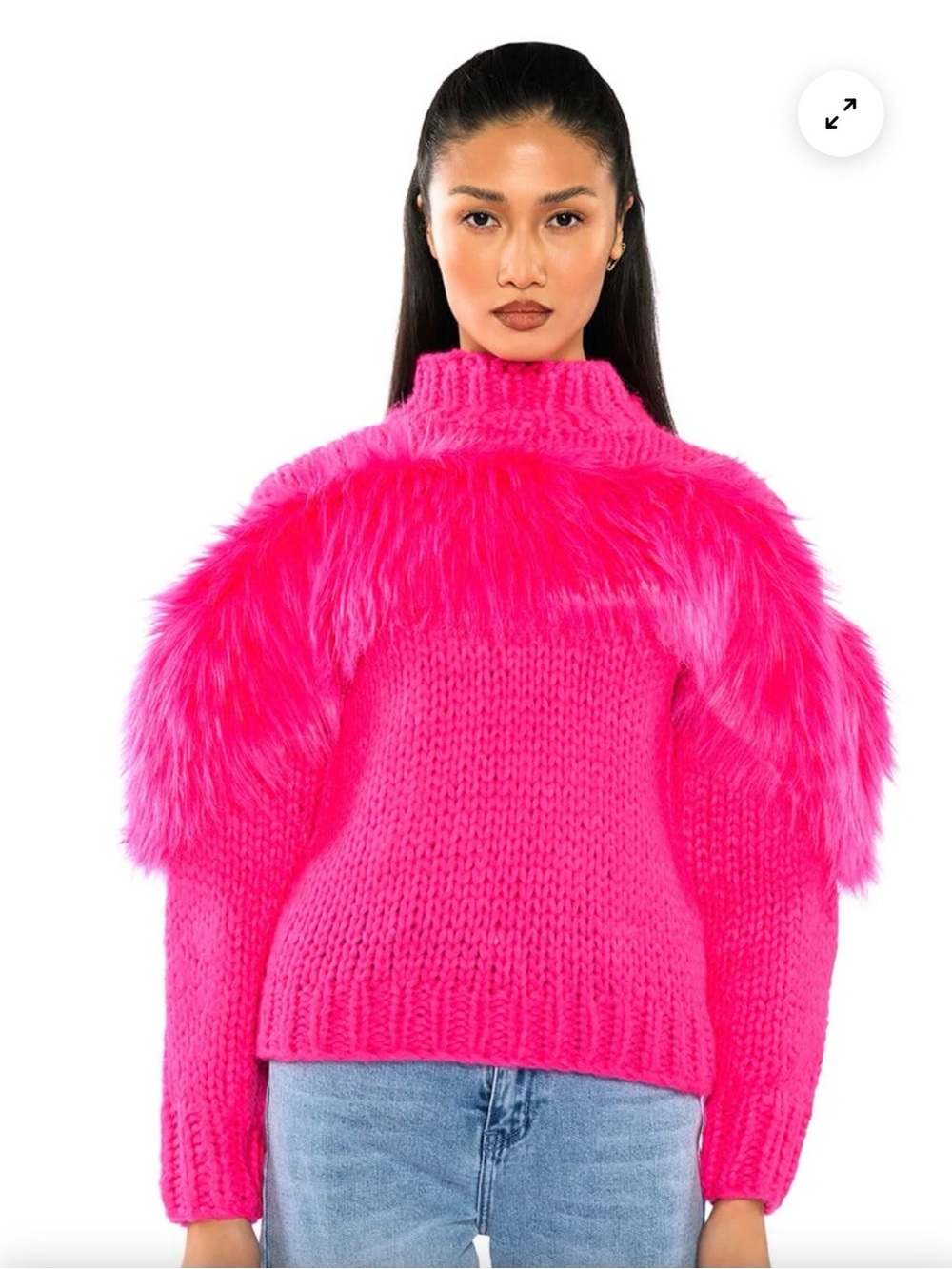 AKIRA Hot Pink Faux-Fur Accent Chunky Turtleneck Sweater